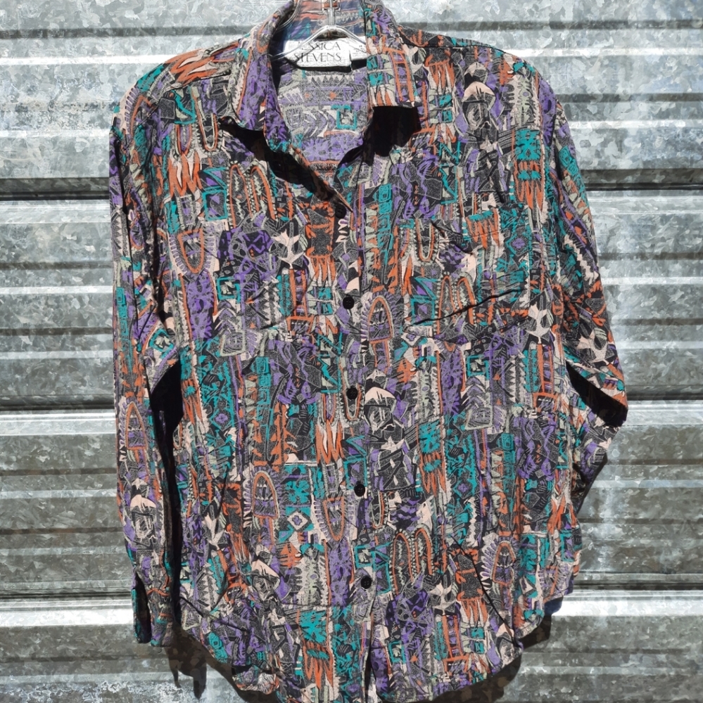 VINTAGE Multi Colored Silky Button Up Shirt